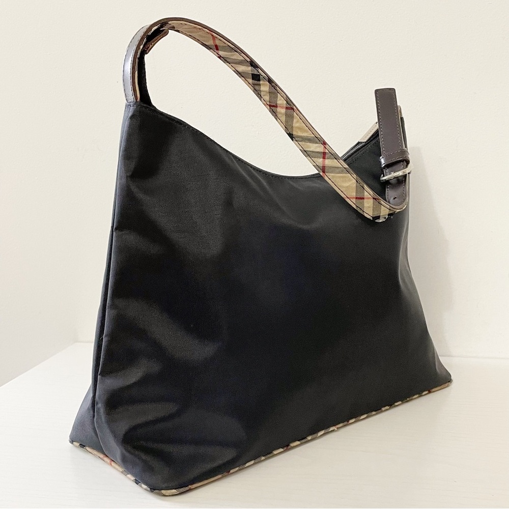 Burberry blue label black nylon tan nova check trim shoulder hobo bag - Picture 3 of 12